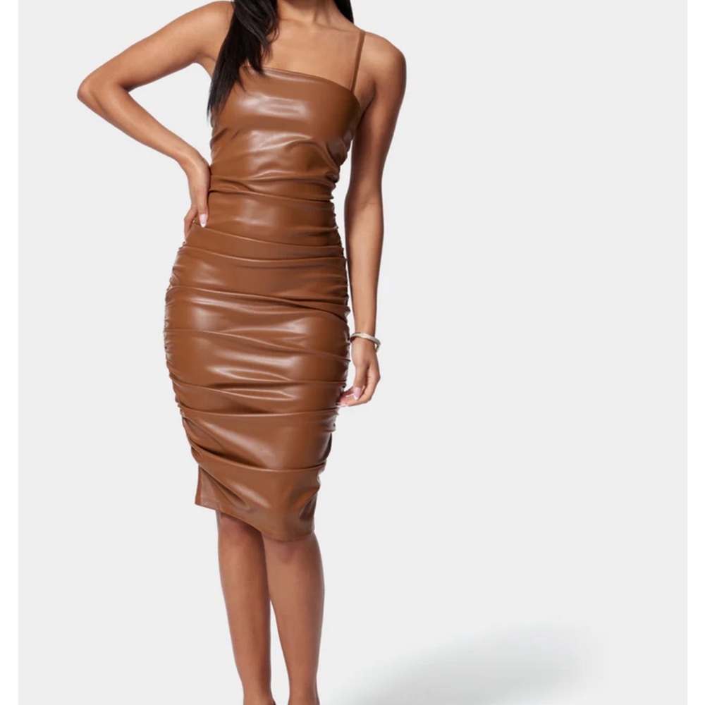Bebe Leather Brown Bodycon Midi Dress Spaghetti Strap